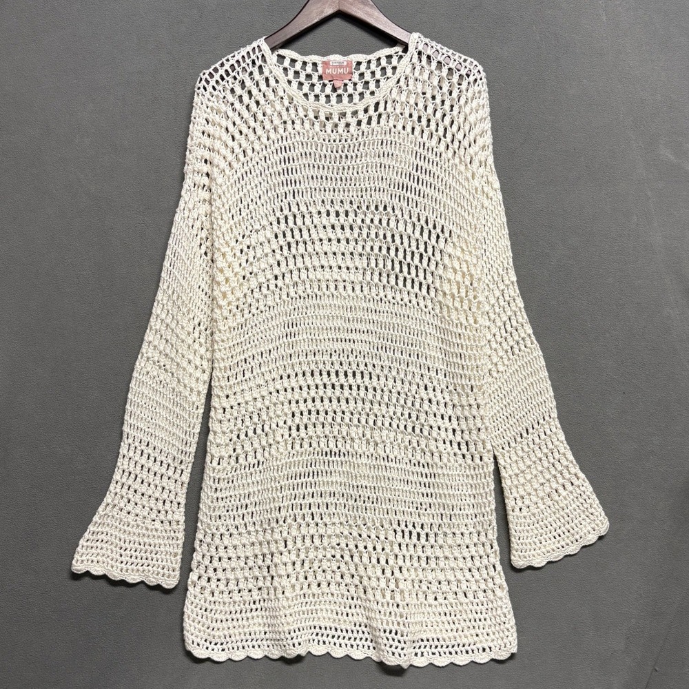 Show Me Your Mumu Paula Pullover Women Small White Excellent Crochet Bell Sleeve